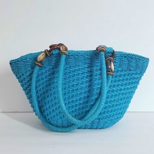 Cappelli Straworld Inc Blue🩵 Woven Straw Bag w/Serpentis Shell & Wood Adornment